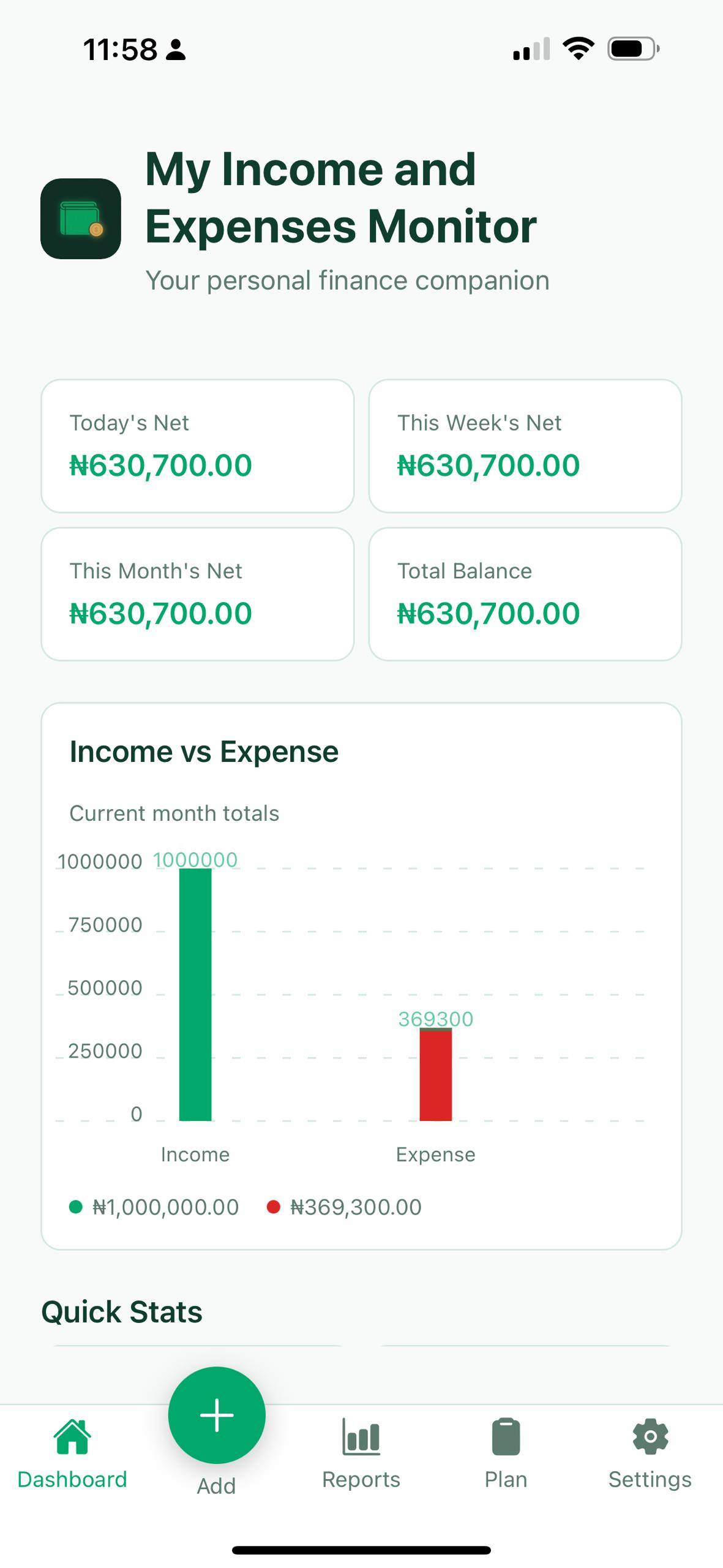 Dashboard screen showing income, expenses, and total balance in Emtrack