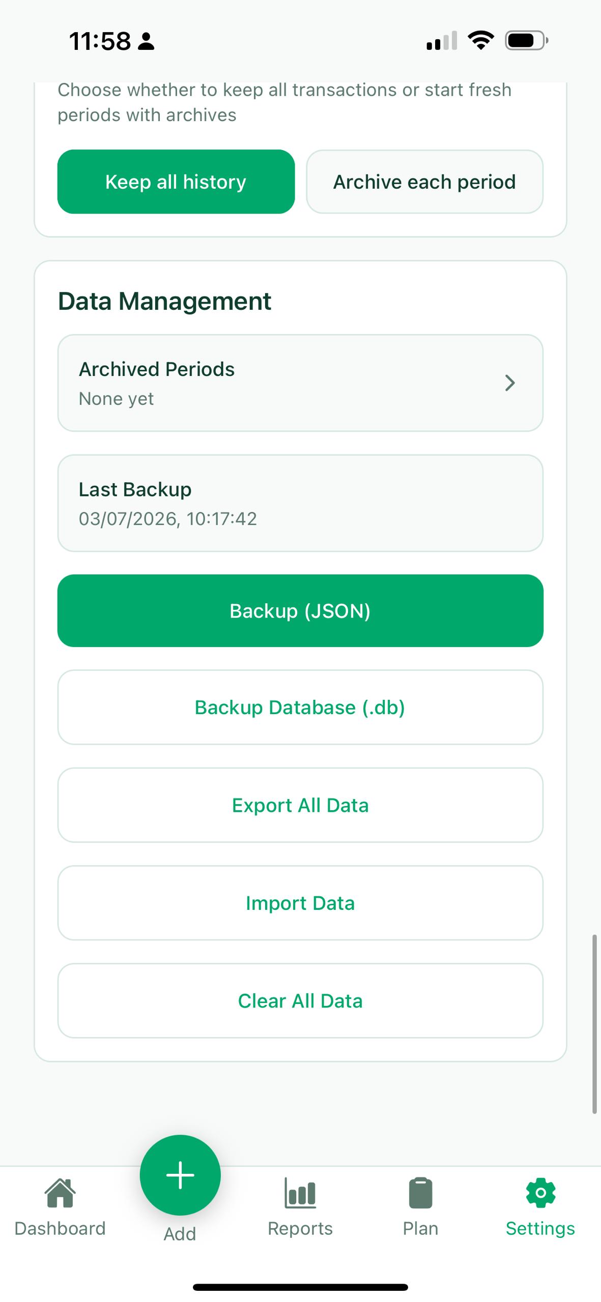 Data management screen showing backups, export, import, and clear data actions