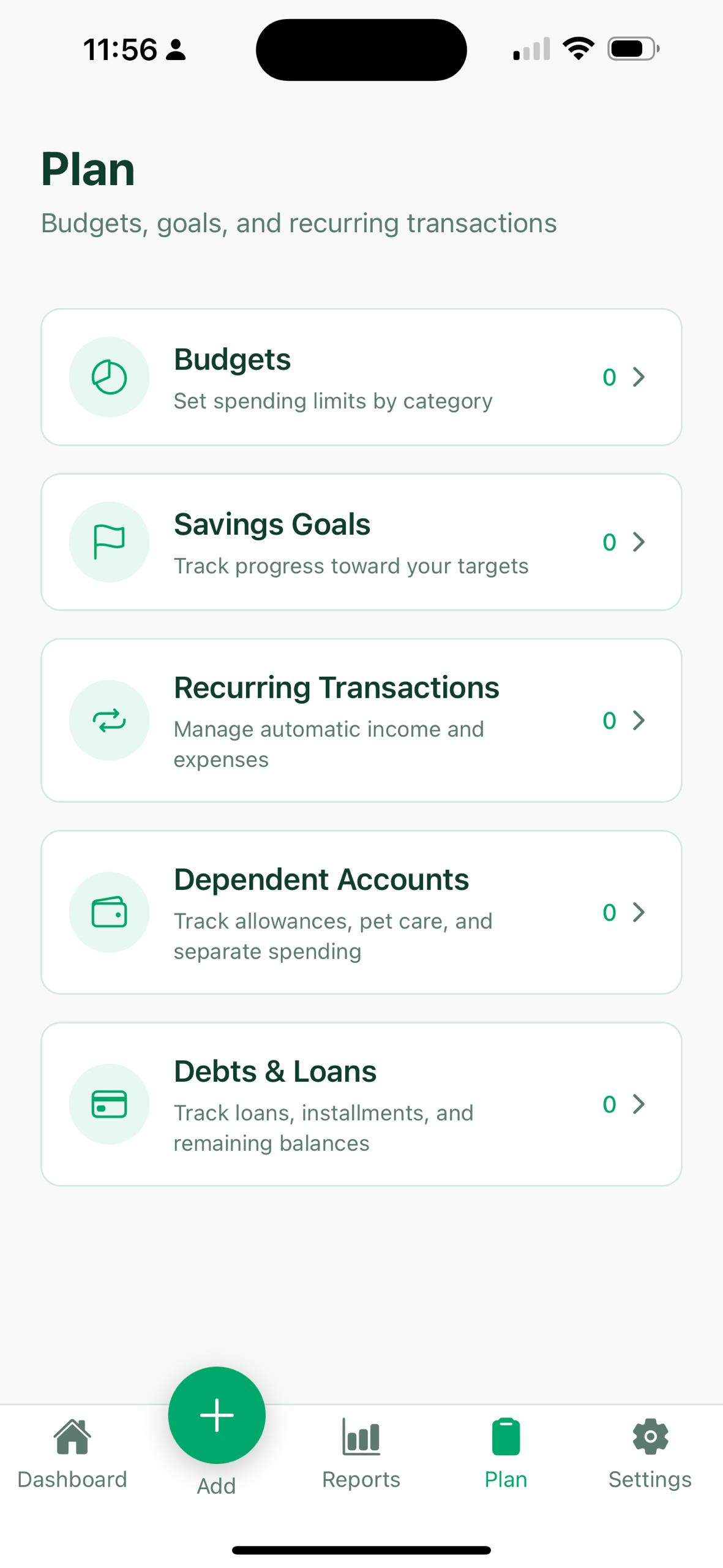 Plan screen showing budgets, savings goals, recurring transactions, dependent accounts, and debts