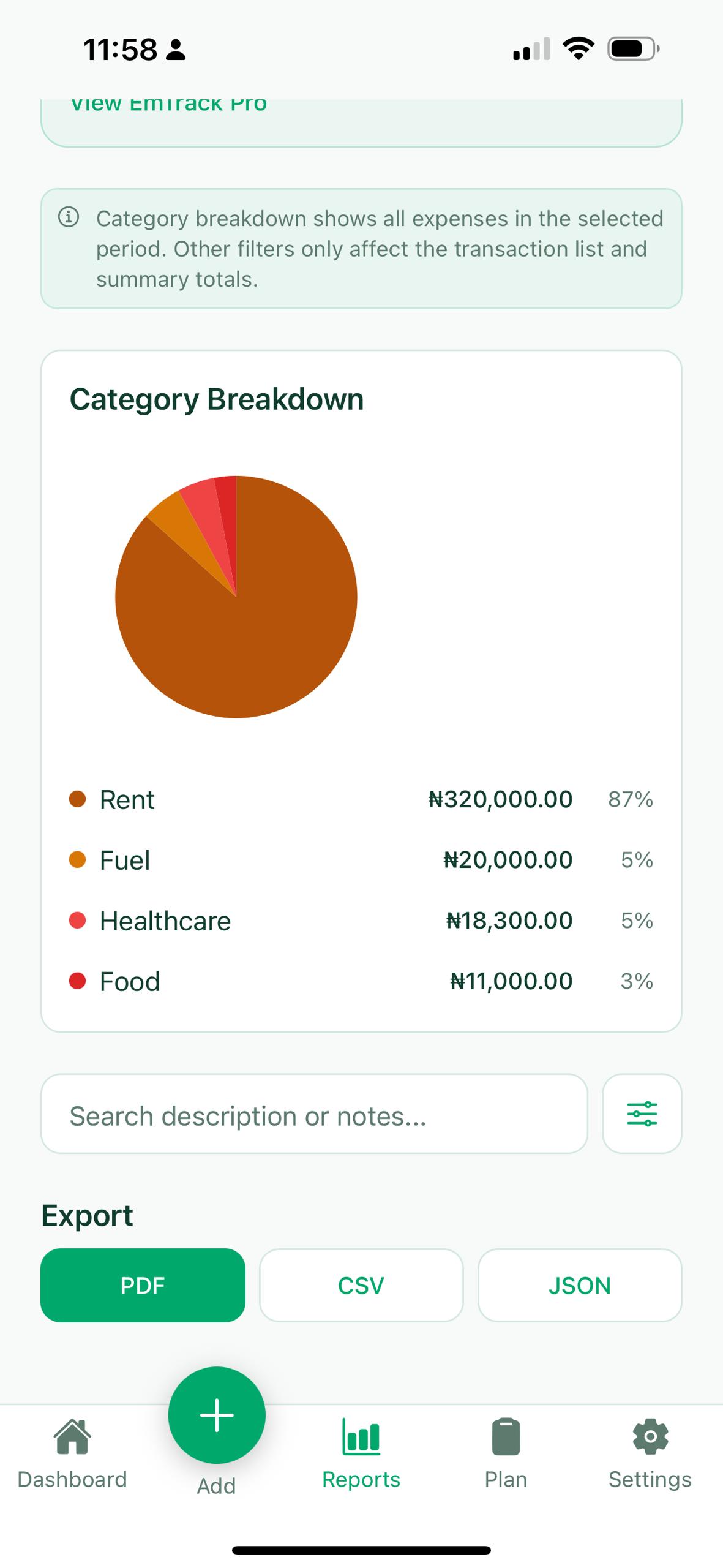 Reports screen showing category breakdown and export actions