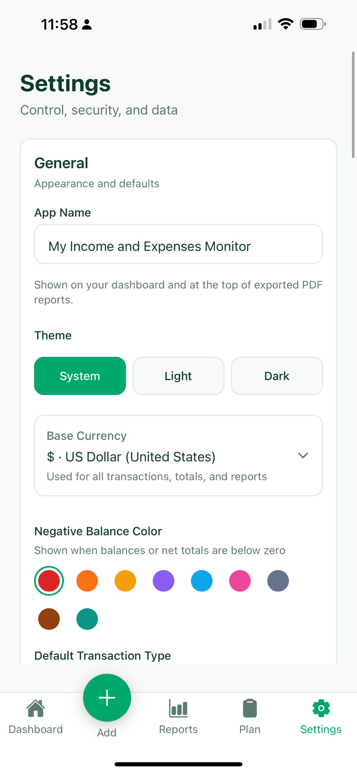 Settings screen showing app name, theme, and base currency options